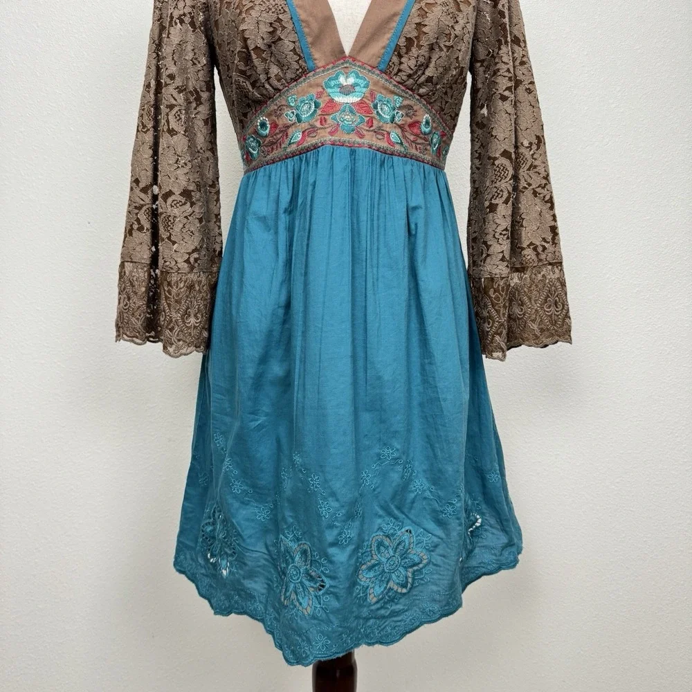 Vtg 90s Flying Tomato‎ Dress Womens Small Blue Empire Waist Crochet Boho Indie - Picture 4 of 16